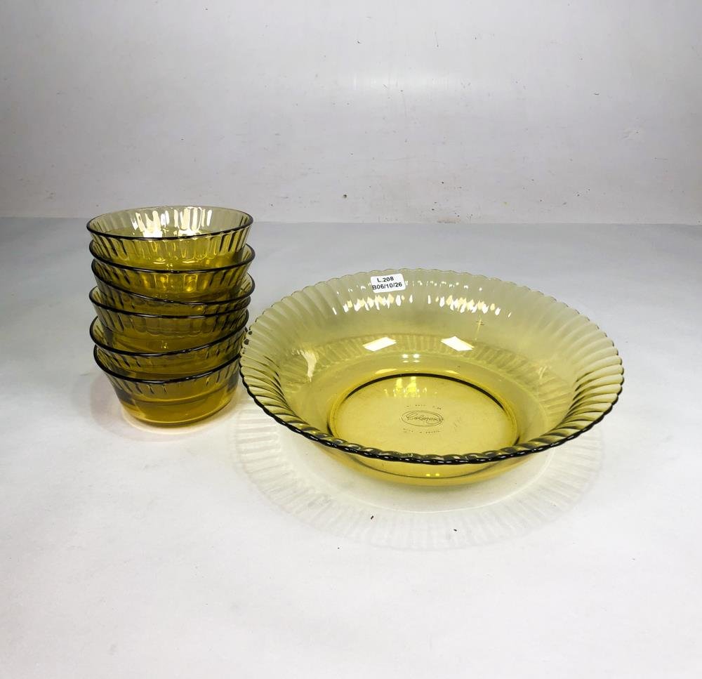 Set de 7 Piezas de Vidrio Hialino Color Ámbar: Bowl Grande y 6 Compoteras