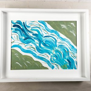 Cuadro Abstracto Óleo sobre Tela Celeste y Blanco con Marco Blanco - imagen 1