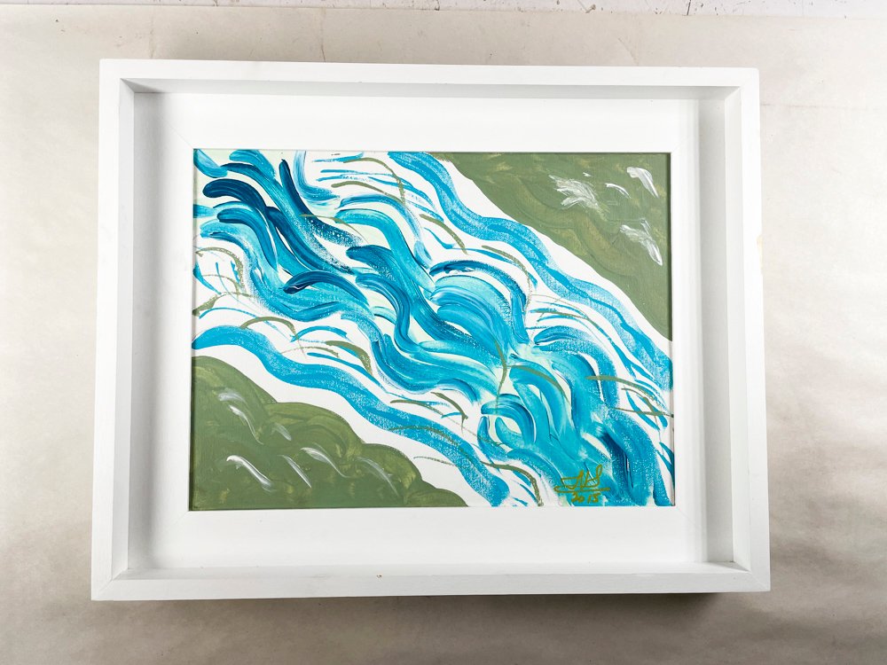 Cuadro Abstracto Óleo sobre Tela Celeste y Blanco con Marco Blanco