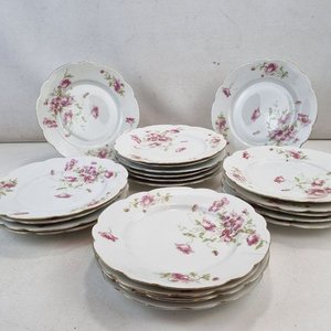 Juego de 21 Platos Llanos de Porcelana Austriaca MZ Austria con Flores Rosas - imagen 2