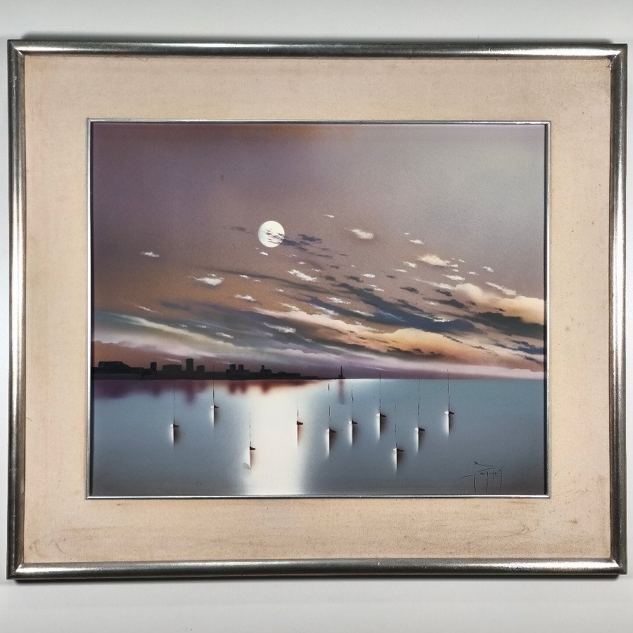 Pintura "Escena Nocturna" de Emilio Bolinches, Acrílico sobre Fibra Firmado