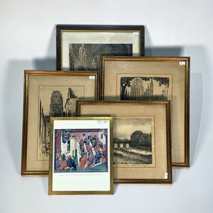 Lote de 5 Láminas Antiguas: Universidad Medieval, Paisajes y Catedrales - imagen 1