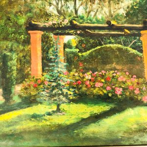 Cuadro al óleo sobre tabla: Paisaje floral con pérgola, firmado R.D. Arigón de Haedo 1945 - imagen 3