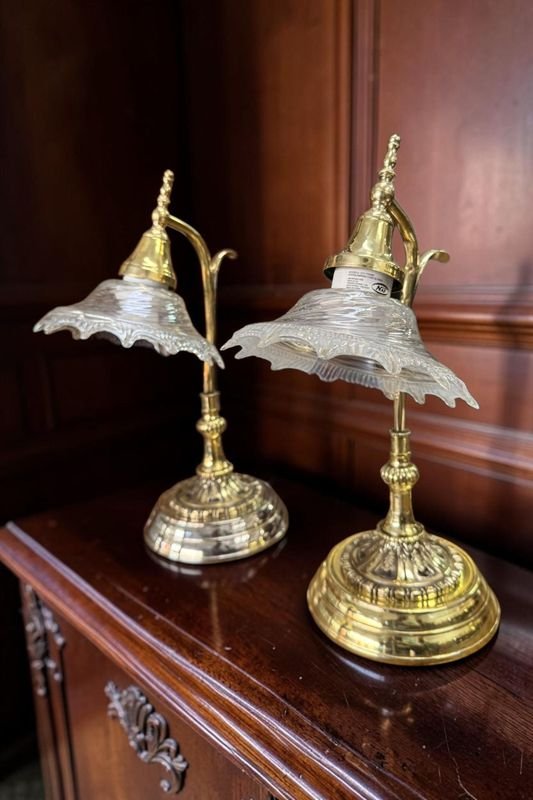 Par de Lámparas de Mesa Antiguas de Bronce con Tulipanes de Vidrio - imagen 1
