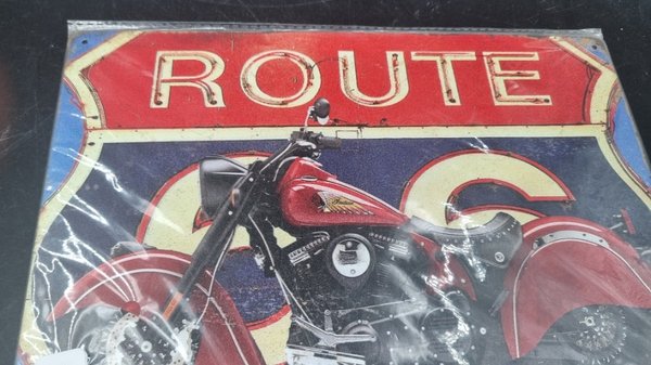 Chapa Decorativa "Route 66" con Moto Clásica Roja