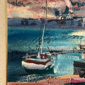 Pintura al óleo "Puerto con Velero" de Hugo Nantes, 60x50cm - imagen 2