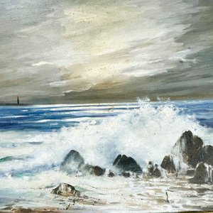 Cuadro al Óleo: Paisaje Marino con Rocas y Faro, 91x59 cm - imagen 2