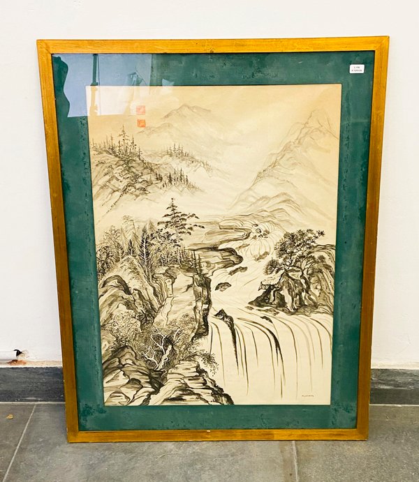 Lote siguiente: Cuadro estampa japonesa, paisaje firmado y sellado
