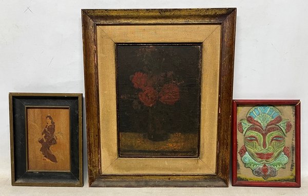 Lote siguiente: Jarrón con flores, Mascara y Figura de mujer en marquetería