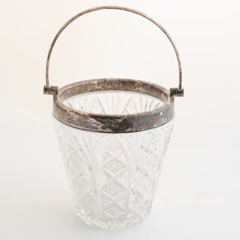 Balde de Hielo Cristal Tallado con Aro y Asa de Plata Inglesa