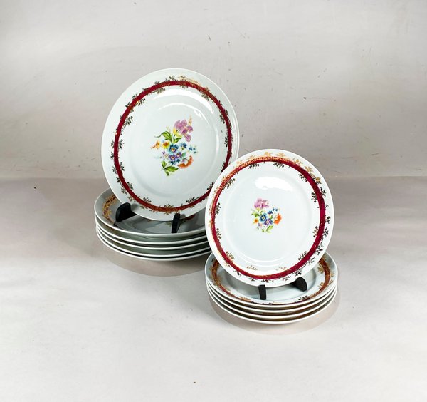 11 Platos Porcelana Schmidt Decorado Floral Guarda Roja - imagen 1