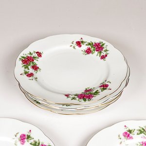 Seis Platos Llanos de Loza con Decoración Floral Rosa y Borde Dorado - imagen 3