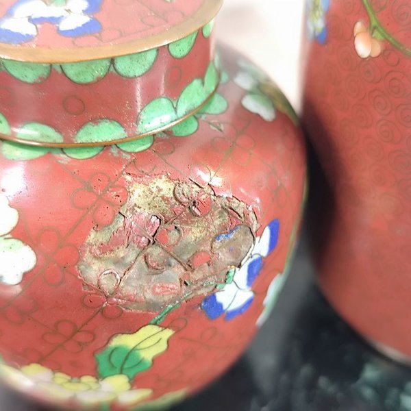 Antiguo potiche de bronce esmaltado cloisonné sin tapa, con decoración floral - imagen 3