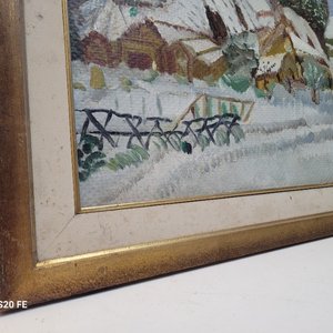 Cuadro al Óleo: Paisaje Invernal con Casas Nevadas y Montañas, Firmado Aída '87 - imagen 3
