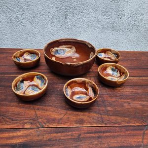 Juego de 5 Cuencos de Barro Vidriado Marrón y Azul - imagen 1