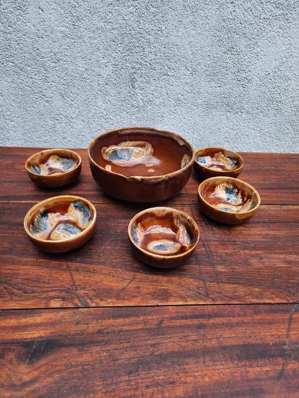 Juego de 5 Cuencos de Barro Vidriado Marrón y Azul