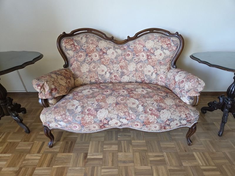 Sillón de dos cuerpos victoriano tapizado en tela floreada - imagen 2