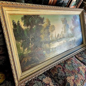 Óleo Paisaje Lacustre con Casa y Arboleda, Gran Formato, Firmado - imagen 3