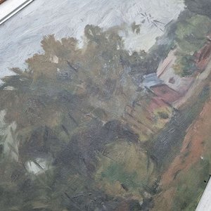 Antiguo Óleo Paisaje Rural Criollo con Estancia y Molino de Viento - imagen 3