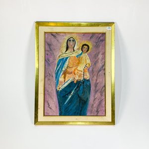 Cuadro al óleo: Virgen María y Niño Jesús con marco dorado - imagen 1