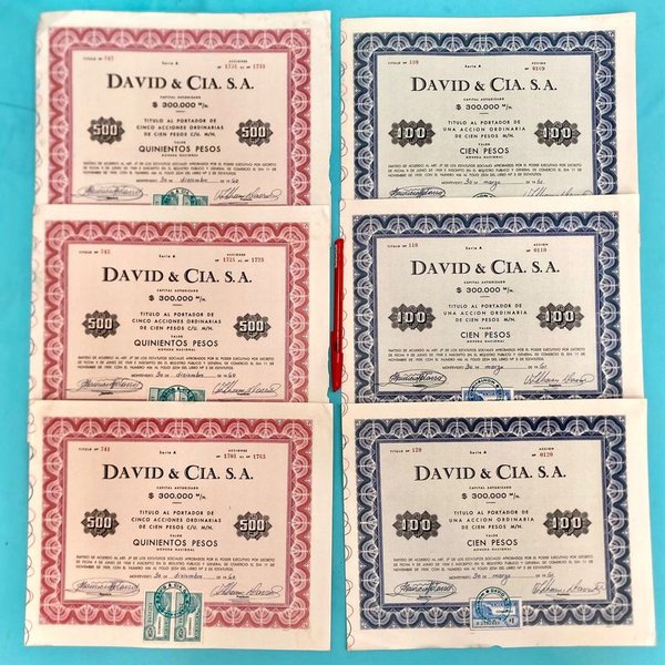Lote de 6 Acciones David & Cia. S.A. de los años 60s con Timbres Fiscales - imagen 1