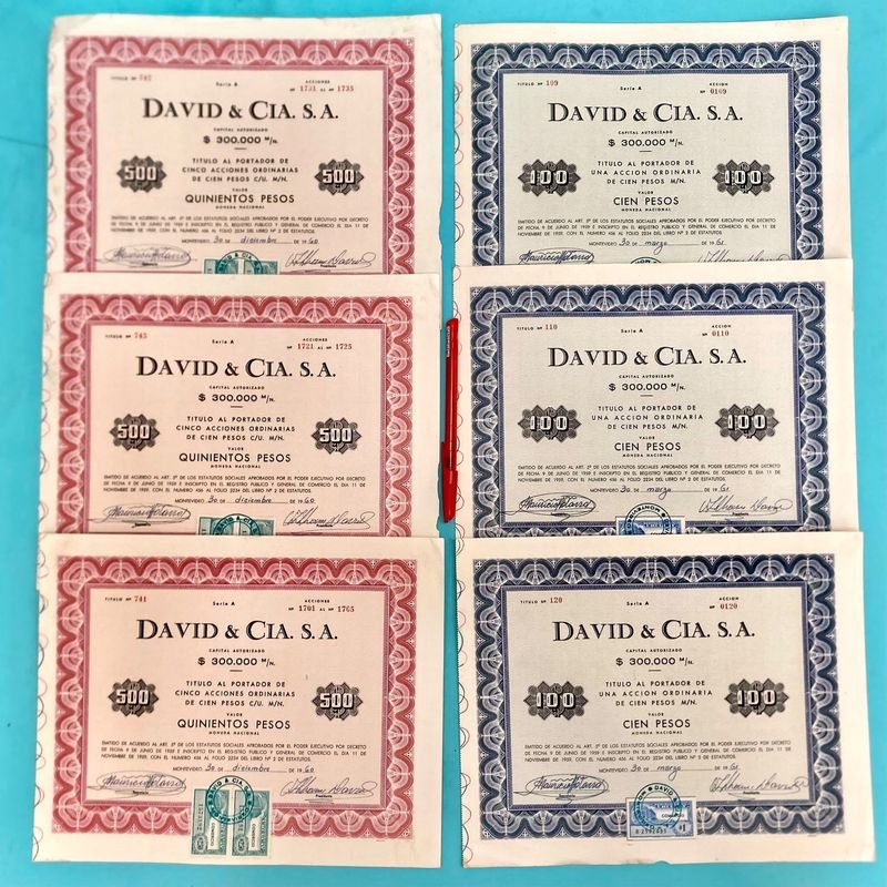 Lote de 6 Acciones David & Cia. S.A. de los años 60s con Timbres Fiscales