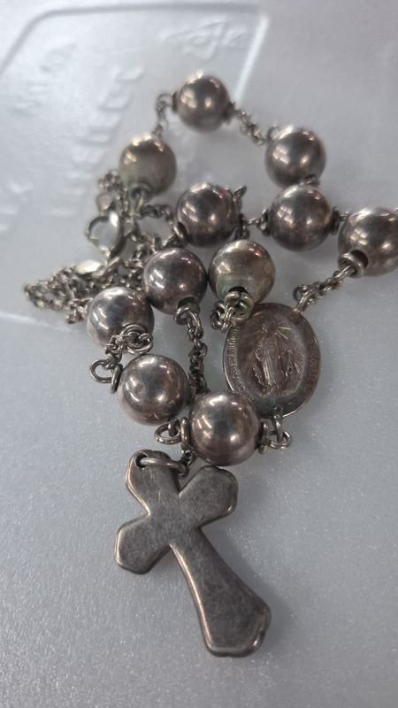 Antiguo Rosario de Plata con Medalla de la Virgen Milagrosa y Cruz