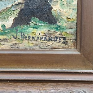 Oleo sobre Lienzo: Paisaje con Árboles y Mar, Firmado J. Hernández, Marco Tallado - imagen 3