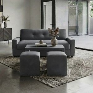 Sofá Gris de 3 Cuerpos con Mesa Ratona y Dos Butacas Puff - imagen 2