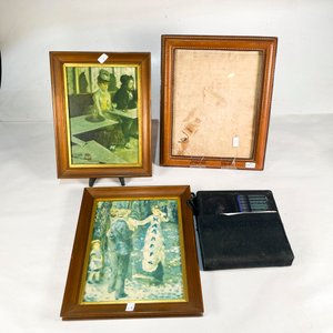 Lote de 4 piezas: Radio antigua con funda, marco portarretrato y dos láminas decorativas - imagen 2