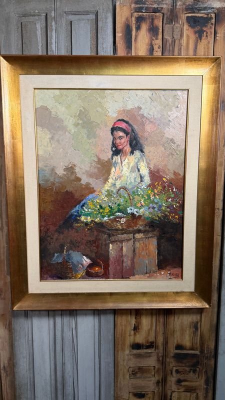 Óleo sobre tela "Vendedora de flores" de Miguel De Vita - 81 x 65 cm