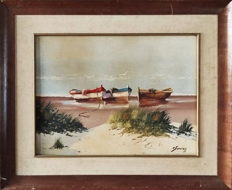 Óleo "Barcas en la Costa" Atribuido a Oscar Suárez