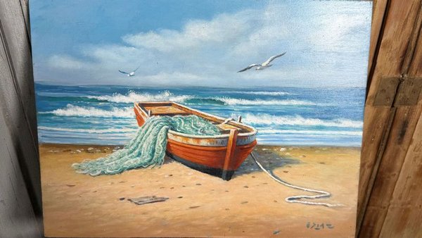 Eduardo Díaz Bote: Óleo sobre cartón de bote pesquero en la playa, 40x30cm