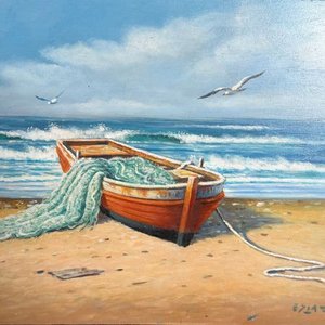 Eduardo Díaz Bote: Óleo sobre cartón de bote pesquero en la playa, 40x30cm - imagen 1