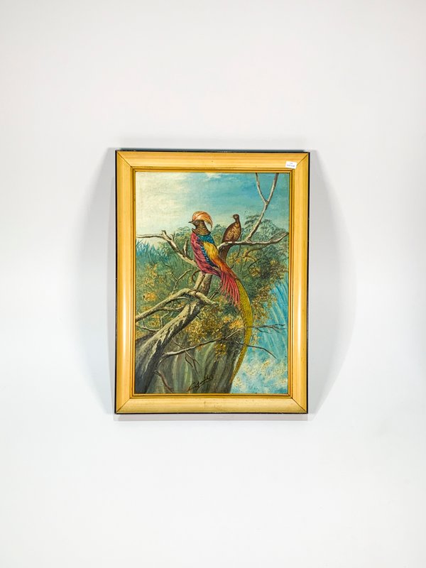 Pintura óleo sobre tela de aves en árbol - imagen 1