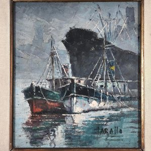 Óleo Jorge Tarallo: Escena Marina con Barcos, Marco Patinado - imagen 3