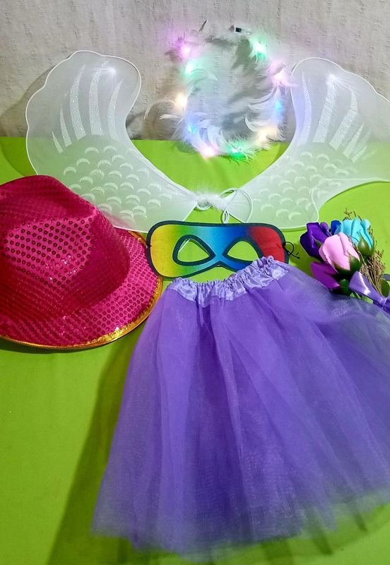 Set de Disfraces para Niña: Alas de Ángel, Tutú Morado y Sombrero Rosa