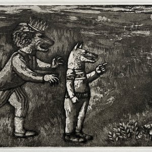 Grabado "El lobo orgulloso de su sombra y el león" de Luis Alberto Solari, 155/200 - imagen 1