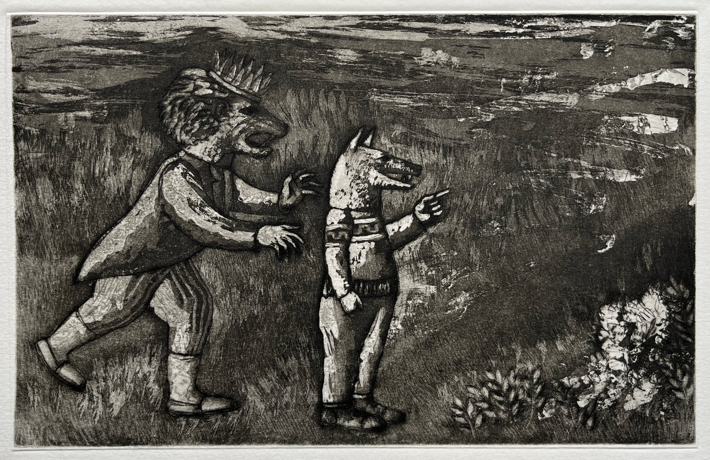 Grabado "El lobo orgulloso de su sombra y el león" de Luis Alberto Solari, 155/200