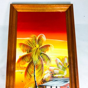 Cuadro al Óleo sobre Tela: Paisaje Tropical con Palmera y Canoa, Marco de Madera - imagen 4