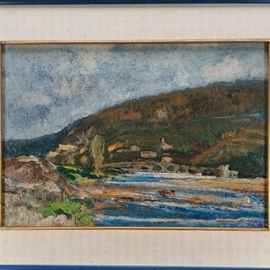 Oleo sobre Fibra "Paisaje Fluvial" Firmado J. de Brum con Marco Azul - imagen 3