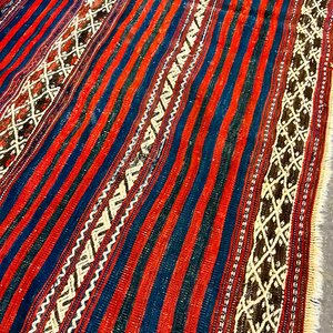 Alfombra Kilim de Lana a Rayas Rojas, Azules y Blancas - 147 x 90 cm - imagen 2