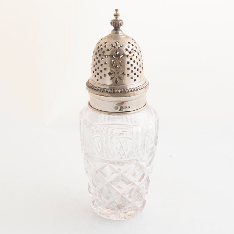 Azucarero de Cristal Tallado con Tapa de Plata Inglesa
