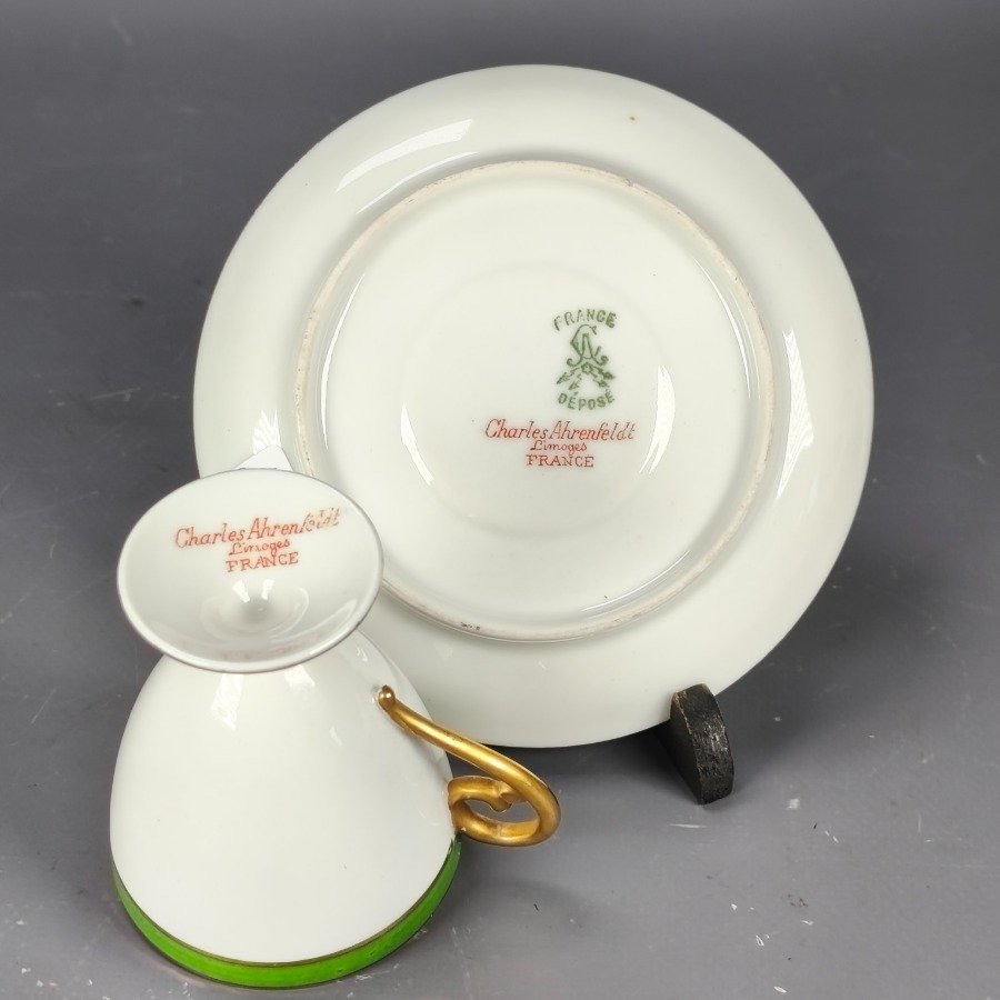 Taza y plato de porcelana francesa Limoges, obra de Charles Ahrenfeldt - imagen 8