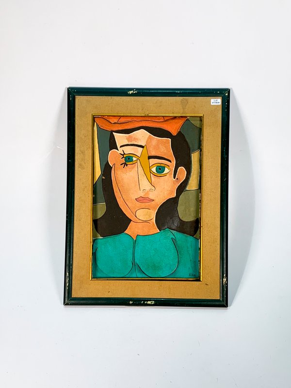 Cuadro Técnica Mixta "Retrato de Dama" con Marco Verde - imagen 1