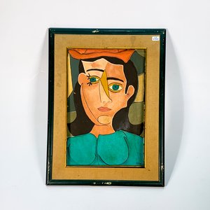 Cuadro Técnica Mixta "Retrato de Dama" con Marco Verde - imagen 1