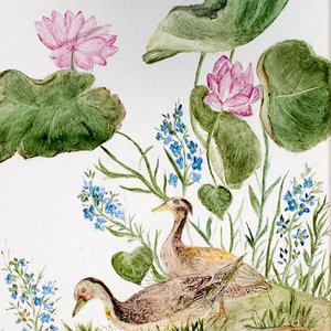 Cuadro sobre azulejo con patos y flores, firmado - imagen 2