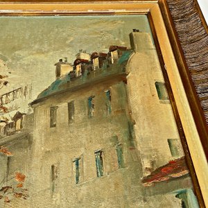 Cuadro al óleo de paisaje urbano invernal, firmado, con marco de madera - imagen 5
