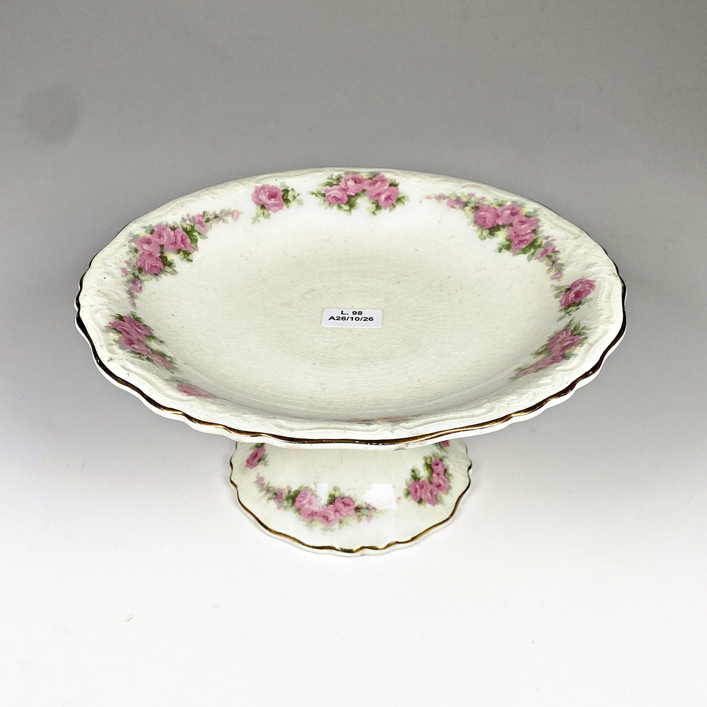Plato de Masas Loza Inglesa con Flores Rosas y Borde Dorado