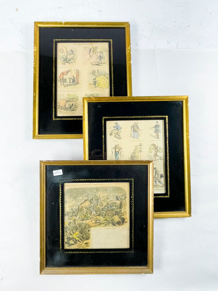 Conjunto de Tres Grabados Antiguos con Marco Negro